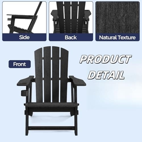SEVOBAL Adirondack Chair, HDPE All-Weather Fire Pit Chairs, Wooden Textured Plastic Adirondack Chairs with Cup Holders, Outdoor Lawn Chairs for Deck,Patio,Backyard,Black 5