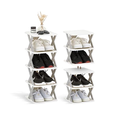 ikloo 5 Tier Plastic Shoe Rack for Closet, Adjustable Small Shoe Rack Organizer Without Assembly Tools, Portable & Stackable Shelf for Entryway, Bedroom, Cubbies for Extra Storage, White