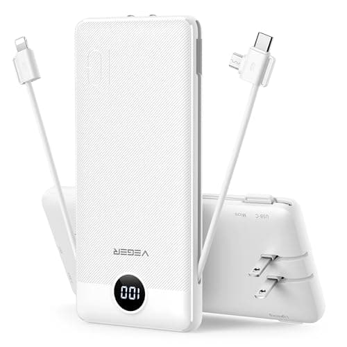 VEGER Portable Charger with Built-in AC Plug and Cables, All in One 10000mAh Ultra Slim Power Bank Travel Essentials, Fast Charging Battery Pack Compatible with iPhone, Samsung, Android (White)