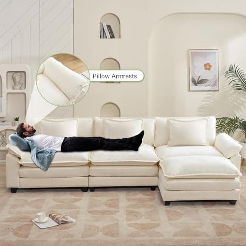 Oprisen 120" Modular Sectional Sofa, Comfy Cloud Couch Sectional Sofa with Ottoman, Chenille Sofa Sleeper Deep Seat Sofa with Throw Pillows for Living Room (Beige White, 120"- L Shape) 5