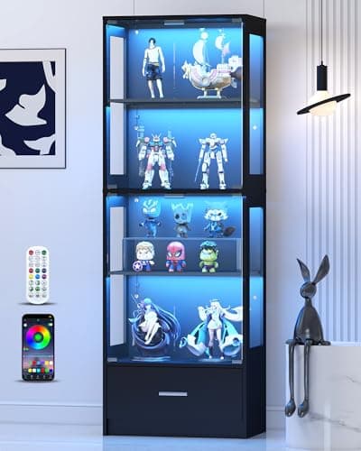 Lamtor Display Cabinet with Glass Doors - 67" Curio Cabinet with RGB LED Lights and Drawer for Collectibles, 4 Tier Glass Display Case for Living Room, Office, Black(Narrow)