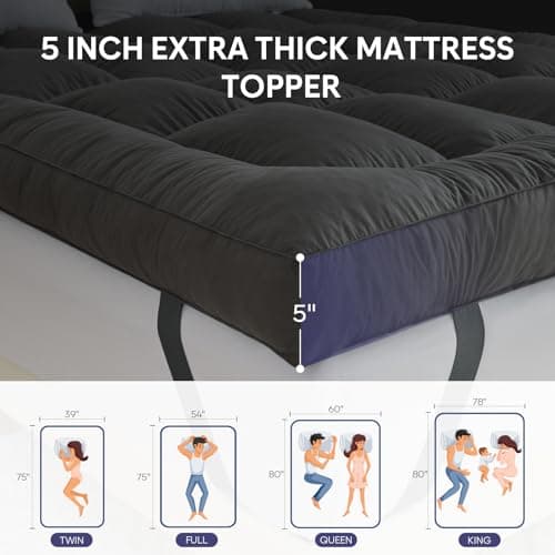 WhatsBedding 5 Inch Mattress Topper Queen Size, 4 Layer Goose Feather Bed Topper, Filled with Shredded Foam, 100% Cotton Mattress Pad Cover, CertiPUR-US Certified, Grey Color, 60x80 6
