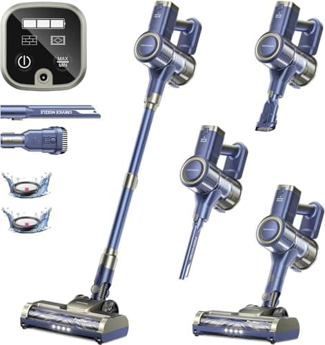 YONNDER Cordless Vacuum Cleaner, 30Kpa, 35Min Runtime, Lightweight Rechargeable Battery Powered Stick Vacuum with Headlight, Anti-Tangle for Pet Hair, Carpet & Floors - E1 (Blue)