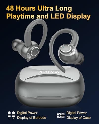 Wireless Earbuds, Bluetooth 5.4 Headphones Sport, Over Ear Buds with ENC Noise Cancelling Mic, 48H, Wireless Earphone with Earhooks, Stereo Deep Bass, IP7 Waterproof Ear Bud for Workout Running, Grey 5