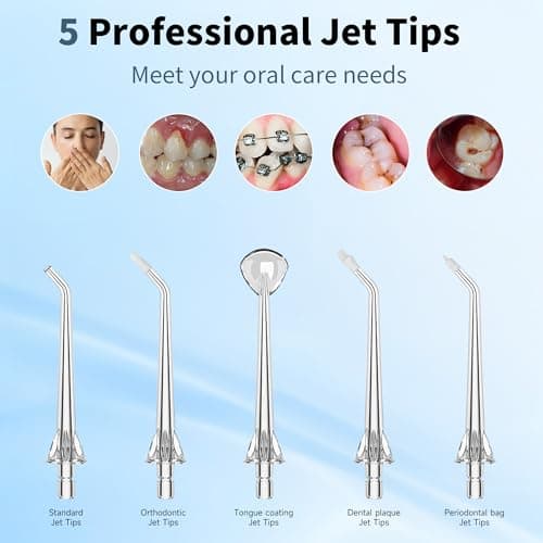 7AM2M Water Dental Flosser Pick for Teeth, 450ML Portable Oral Irrigator, Cordless Flosser for Travel with 5 Jet Tips, 5 Modes & IPX7 Waterproof, Electric Flossing Teeth Cleaning for Home-Snow White 7
