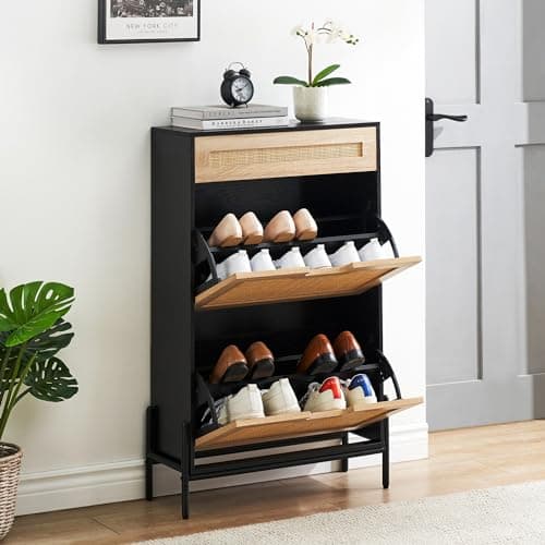 coucheta Natural Rattan 2 Flip Down with 1 Drawer Free-Standing Shoe Rack, Shoe Cabinet Wood Organizer Freestanding with 3-Tier Adjustable Shelves for Entryway Hallway Doorway (Black)