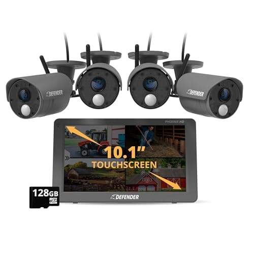 Defender PhoenixHD Wireless Security Camera System with 10.1” Touchscreen Monitor, 4 Outdoor 1080P HD Night Vision Cameras, Plug & Play, Two-Way Talk, No WiFi Required, 128GB SD Card, 2-Year Warranty