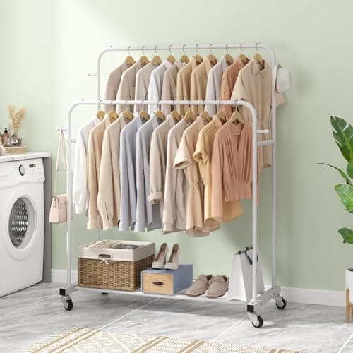 Laiensia Double Rods Garment Rack with Wheels, Clothing Rack for Hanging Clothes,4 Hooks, Multi-functional Bedroom Clothes Rack, White 5