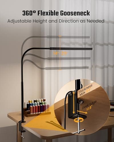 SUPERDANNY Eye-Caring LED Desk Lamp 360° Flexible Gooseneck Work Lamp with Desk Side Clamp Touch Control 3 Light Colors Smooth Dimming Task Lighting Reading Light for Home Office College Dorm, Black 7