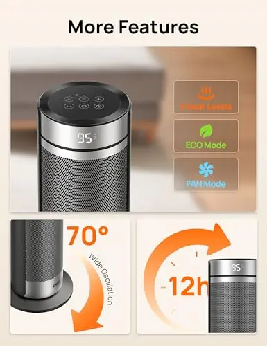 DREO Space Heater for Large Room, 23 Inch Electric Heaters for Indoor Use, 8 Safe Protection Tower, 70° Oscillation, PTC Ceramic with Thermostat and Remote, Quiet, 12H Timer, Bedroom, Office 7