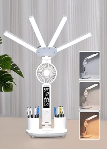 niccryle Led Desk Lamp with Fan Study Light with Clock, Adjustable Foldable Table Lamp with Pen Holder, 3 Brightness Levels, USB Charging Port