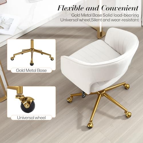 HENGJIANYI Home Office Swivel Desk Chair, Modern Velvet Vanity Chair, Height Adjustable Armchair with Gold Base, Ergonomic Office Chair for Task Study Computer Room, Beige 5