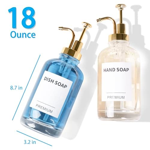 Dish Soap Dispenser for Kitchen, Hand Glass Soap Dispenser Set with Pump, Tray, Funnel for Bathroom, Shower, Laundry, Liquid, Lotion (Gold 2 Pack 18 Oz Clear Bottles with 12 Stickers) 6