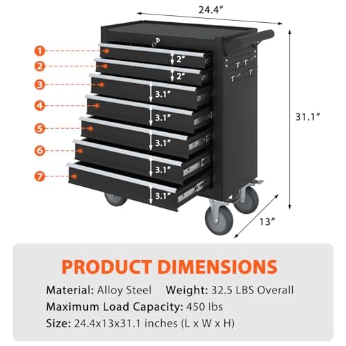 Granper 7-Drawer Rolling Tool Chest, Tool Box with 4 Wheels and Drawers, High Capacity Detachable Mobile Tool Storage Cabinet for Garage, Workshop, Mechanics and Repair Room (Black) 7
