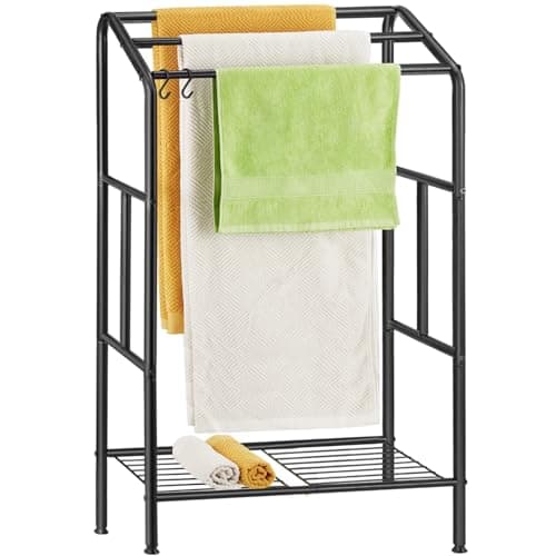 ALHAKIN Towel Racks for Bathroom, 43'' Tall 3 Tier Bathroom Towel Rack Stand with Storage Shelves, Freestanding Towel Drying Rack Pool Towel Rack for Outdoor, Black Blanket Rack Holder