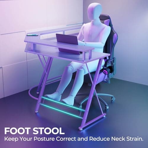 SEVEN WARRIOR Gaming Desk 50.4” with LED Light & Power Outlets, L-Shaped Gaming Desk Carbon Fiber Surface with Monitor Stand, Ergonomic Gamer Table with Headphone Hook, Purple 7