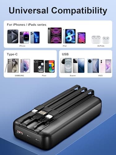 Power-Bank-Portable-Charger 49800mAh Portable Phone Charger Power Bank with 3 Built-in Cable(USB-C, iOS, USB-A), 22.5W Fast Charging LED Display External Battery Pack for iPhone Android Samsung, etc 7