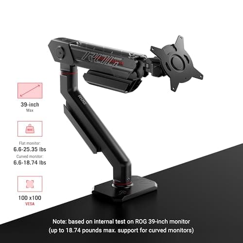 ASUS ROG Ergo Monitor Arm (AAS01) - Monitor Mount with Cable Management, Ergonomic, Pivot, Swivel, Height Fully Adjustable, Clean Desk Setup, up to 39 inches*,23lbs*, VESA 100x100, Mechanical Spring 6
