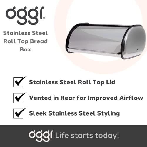 Oggi Stainless Steel Roll Top Bread Box for Kitchen Countertop with Stainless Steel Lid - Fits Multiple Large Loaves of Bread and Other Freshly Baked Goods Including Cookies, Bagels, Muffins 7