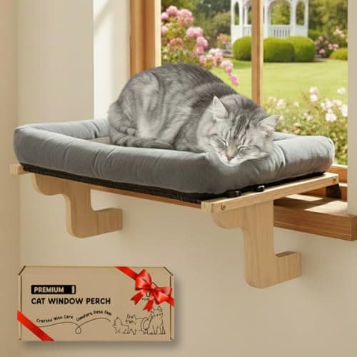[Ready to Gift] PURRHOUSE Cat Window Perch with Cushion Bolster and Cool Pad, Cat Hammocks for Windows with Wood & Robust Metal Frame for Large Cats, Beds for Windowsill, Bedside and Cabinet,24''W