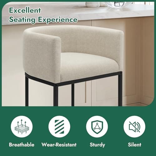 KRAMZMING Counter Height Bar Stools Set of 2, 24 Inch Seat Height Barstools for Dining Room, Fabric Upholstered Bar Chair for Kitchen Island, Linen Counter Stools with Metal Legs, Beige 5