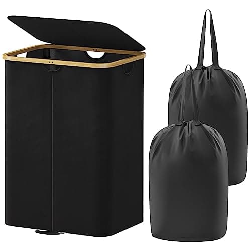 Lifewit 150L Double Laundry Hamper with Lid, Large Laundry Basket with Removable Bag & Bamboo Handles, Fodable Tall Dirty Clothes Hamper for Laundry Collapsible Bin for Bathroom Bedroom Dorm, Black