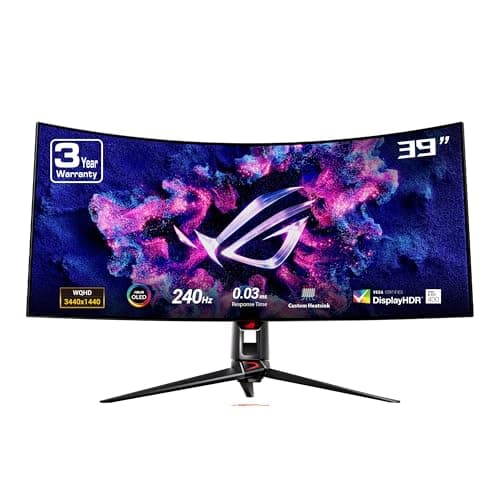 ASUS ROG Swift 39” Ultrawide 800R Curved OLED Gaming Monitor (PG39WCDM) - 21:9 (3440x1440), 240Hz, 0.03ms, G-SYNC Compatible, Custom Heatsink, 90W USB-C, DisplayWidget, 3 yr Warranty