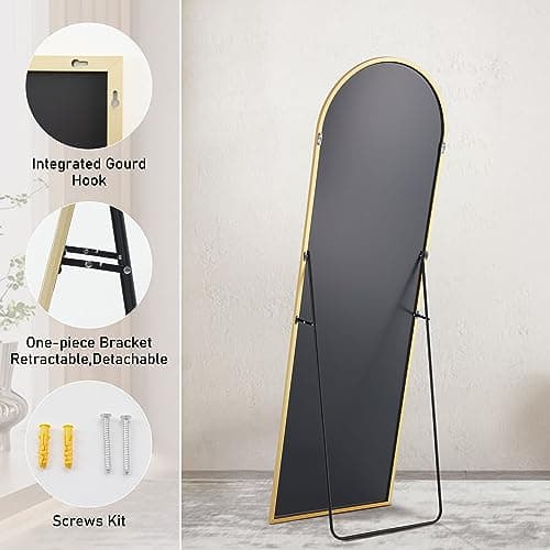 Sweetcrispy Arched Full Length Mirror 64"x21" Full Body Mirror Floor Mirror Standing Hanging or Leaning Wall, Large Arch Wall Mirror with Stand Aluminum Alloy Thin Frame for Bedroom Cloakroom,Gold 5