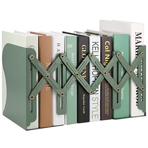 Adjustable Bookends, Book Holders for Shelves, Metal Book Ends for Heavy Books, Extends Up to 17 Inches Used in Office, Desk and School (Green)