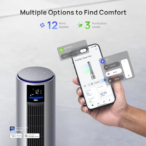Dreo MC710S Air Purifier Tower Fan, 45" 2-in-1 Smart Fan for Bedroom, 27ft/s Velocity, 120°Oscillation, 24H Timer Bladeless Fans for Home, 25dB Low Noise, Standing Fan Works with Alexa, Silver Blue 5