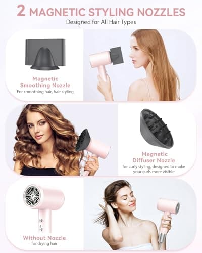 Hair Dryer for Women High Speed 1500W, warmmama Ionic Blow Dryer for Curly Hair Quiet Brushless Motor Fast Drying Thermo-Control, Travel Hair Dryers with Diffuser and Nozzle, Pink 5