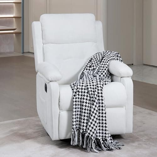Swivel Rocker Recliner Chair with Adjustable Backrest and Footrest, Ultra-Comfy Fabric Reclining Chair, Glider Recliner with Lumbar Support & Overstuffed Arms, Chairs for Living Room (White)