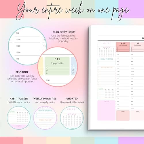 Weekly Hourly Planner Notepad, Daily Planner Desk Pad, Weekly Schedule, To Do List Note Pad, ADHD Planner | 50 Undated Tear Away Sheets | A4 (Rainbow) 5