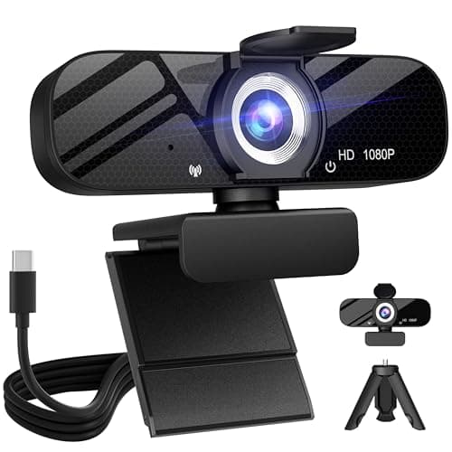 Tewiky Full HD Webcam with Built-in Microphone and Rotatable Tripod, 1080P Video and Wide Angle Camera, Privacy Cover, for Desktop PC or Laptop Computer