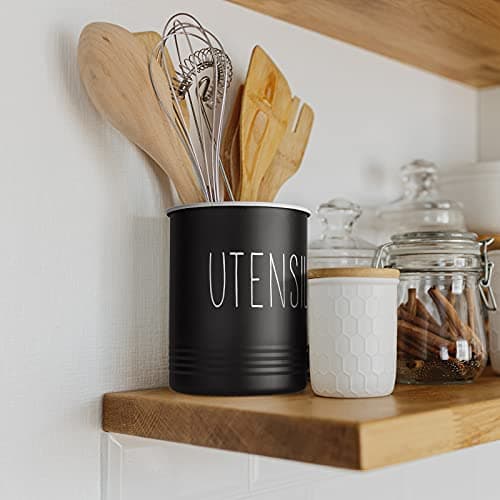 Kitchen Utensil Holder, 6.7" Utensil Holder for Kitchen Counter, Cooking Utensil Crock with Cork Bottom, Modern Farmhouse Decor, Countertop Utensil Storage Organizer Caddy, Black 6
