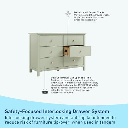 Graco Sasha 6 Drawer Dresser (Sage) – GREENGUARD Gold Certified, Wood Storage for Nursery or Kids’ Room, Safe Interlocking Drawer System & Easy Assembly with Pre-Installed Tracks 6
