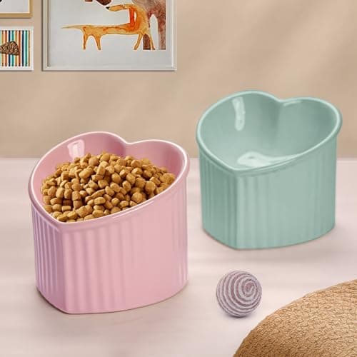 SUNQEBO Elevated Cat Bowls, Raised Cat Bowl for Indoor Cats, Cute Heart Ceramic Tilted Puppy Food Set Supplies Whisker Friendly Anti Vomit, 2 Pack Pink+ Light Green 6