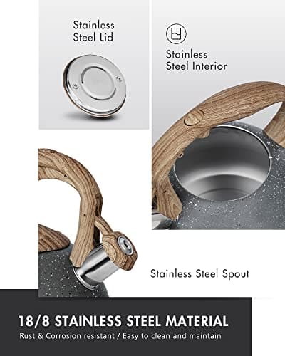 POLIVIAR Tea Kettle, 2.7 Quart Natural Stone Finish with Wood Pattern Handle Loud Whistle Food Grade Stainless Steel Teapot, Anti-Hot Handle and Anti-Rust, Suitable for All Heat Sources (JX2018-GR20) 5