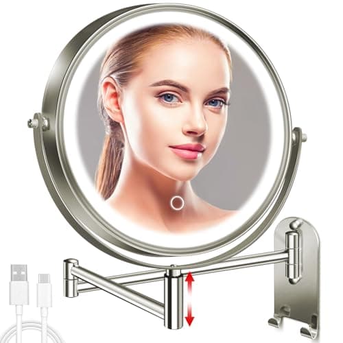 CONLWIN 8" Wall Mounted Lighted Makeup Mirror, 3000mAh Rechargeable Double Sided 1X/10X Magnifying Mirror with Hook, 3 Color Lights Touch Dimmable 360° Rotation Vanity Mirror for Bathroom