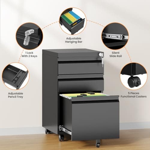 AFAIF 3 Drawer Mobile File Cabinet with Lock, Rolling Filing Cabinets for Home Office, Under Desk Small File Cabinet Three Drawers for Legal/Letter/A4 File, Black - Assembly Required 7
