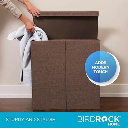 BIRDROCK HOME Laundry Hamper with Lid | Removable Bags for Sorting Clothes | Sectioned Laundry Basket for Bedroom & Bathroom | Collapsible Storage Bin with Cover | Double, Brown 4