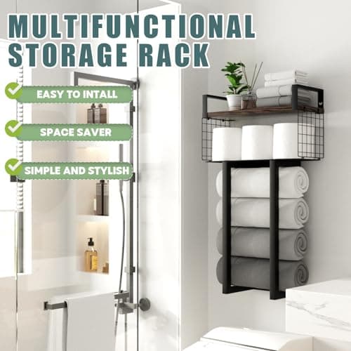 Loteba Towel Rack Wall Mounted for Bathroom. Multi-Functional Bath Floating Shelves with Towel Rack, Paper Holder and Storage Basket Over The Toilet for RV Camper or Small Space 2