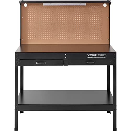 VEVOR Workbench, A3 Steel Workbenches for Garage max 1500W, Heavy Duty Work Bench with 220lbs Load Capacity, Hardwood Workbench with 1.5m Cable 4xAC outlets 2xUSB Ports 9