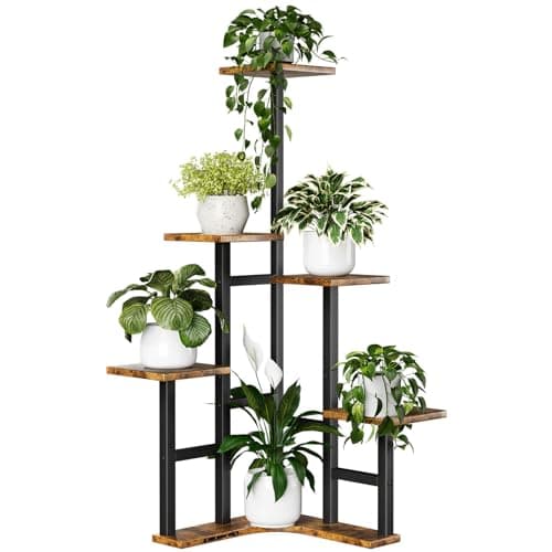 Yzosvki Corner Plant Stand Indoor, 6 Tiered Corner Plant Shelf Flower Stand for Multiple Plants, Plant Shelves Organizer Rack for Living Room, Balcony, Patio, Garden, Square Rustic Brown