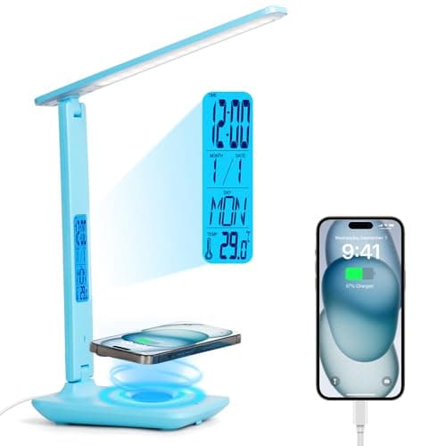 wanjiaone Multifunctional LED Desk Lamp with Wireless Charger,USB Charging Port,Clock,Phone Holder,Desk Lamps for Home Office,Eye-Caring Reading Lamp,Study Lamp for Boys,Girls,Teens,Blue