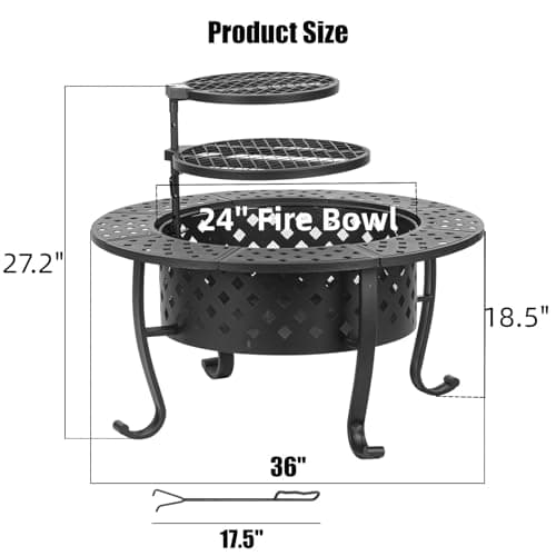 Panovue 36 Inch Fire Pit with 2 BBQ Grills, Wood Burning Fire Pits for Outside with Lid & Fire Poker, BBQ& Outdoor Firepit & Round Metal Table 3 in 1 for Patio, Picnic, Party 6