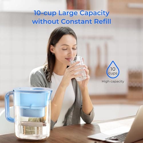 Waterdrop Water Filter Pitcher with 1 Filter, 200-Gallon Long-Life, 10-Cup Large Water Filter Pitcher, Improved Coffee & Tea Taste, NSF Certified, 5X Times Lifetime, Reduces PFOA/PFOS, Chlorine, Blue 8