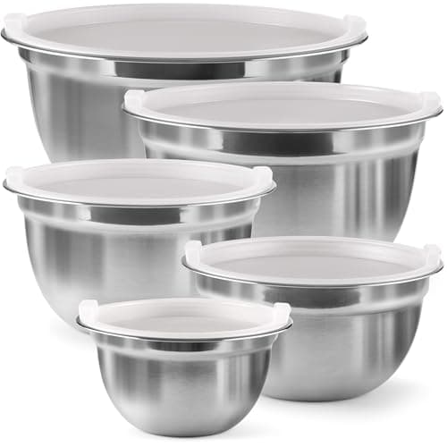 FineDine Stainless Steel Mixing Bowls Set with Lids, Home Kitchen Cooking Essentials Household Must Haves for Baking, 5 Pieces