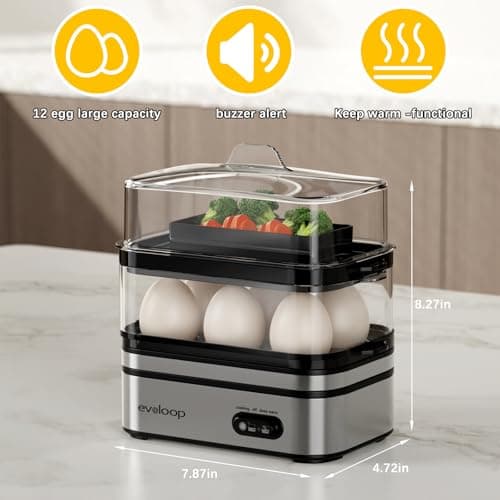 Evoloop Rapid Egg Cooker Electric 12 Eggs Capacity, Soft, Medium, Hard Boiled, Poached, Omelet Maker Egg Poacher & Vegetable Steamer, BPA Free Tray 7