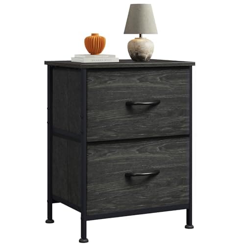 WLIVE Night Stand, Small Dresser with Drawers, Dresser for Bedroom with 2 Fabric Drawer, Black Bedside Table End Table, Dorm Nightstand, Closet Organizer, Charcoal Black Wood Grain Print